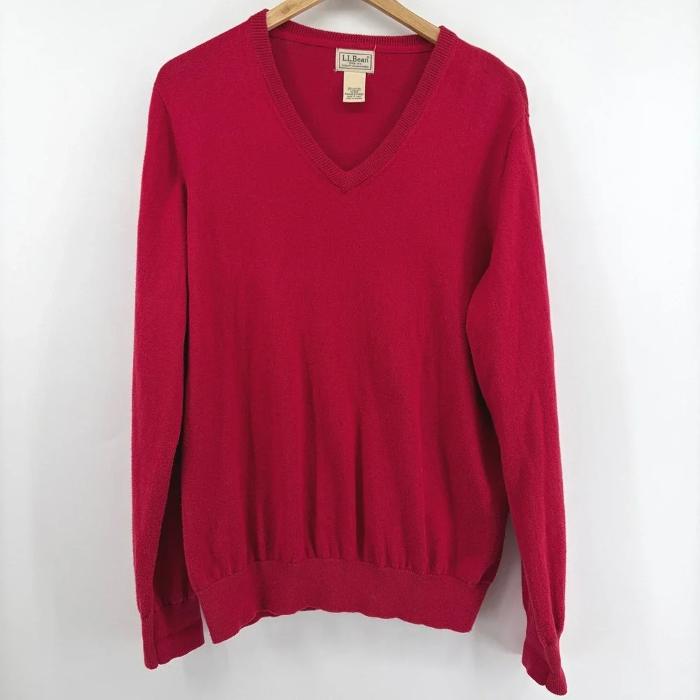 LL Bean Mens Medium Red‎ Cotton Cashmere V-Neck Pullover Sweater 274603 M-REG